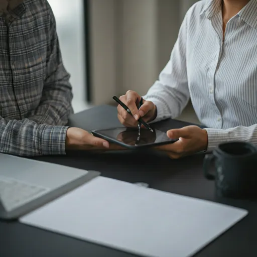 Two professionals discussing cybersecurity metrics on a tablet in a modern office